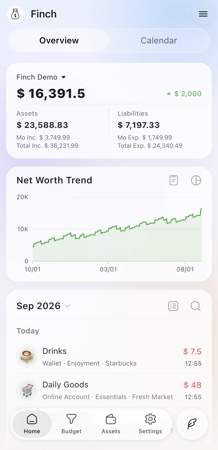 Finch overview with net worth, assets and recent transactions